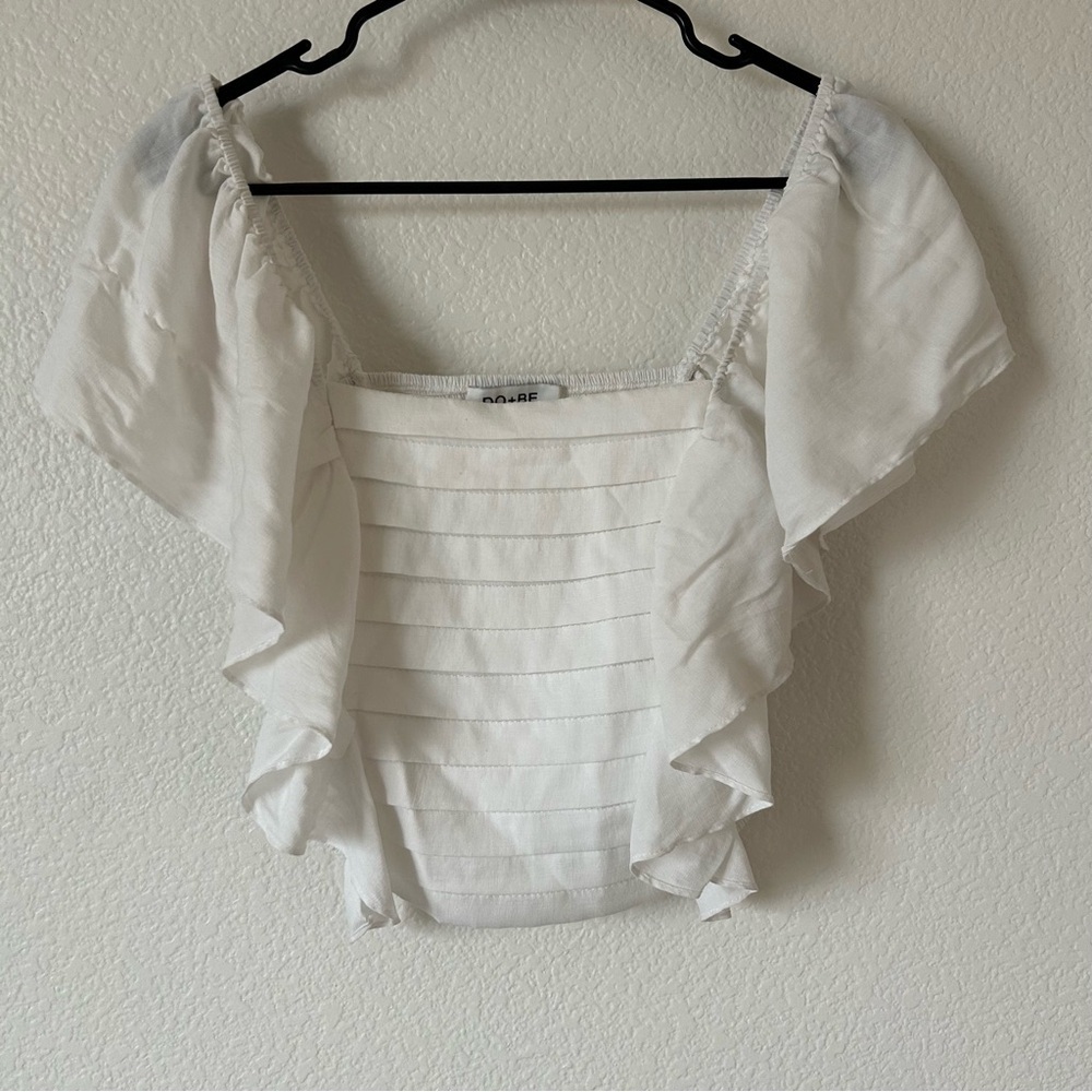 DO+BE White Ruffle Cottagecore, Boho, Coastal, Festival, Off Shoulder Crop Top